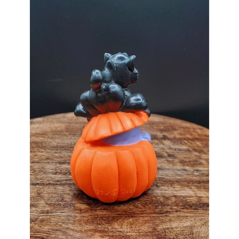Vintage Halloween Pumpkin Black Cat Plastic Toy PVC Figure